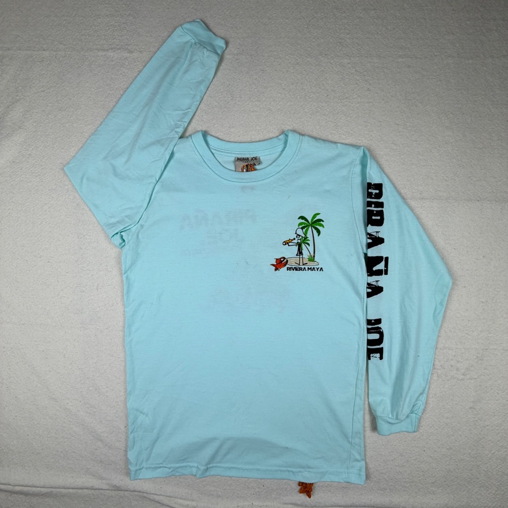 Pirana Joe Riviera Maya Cancun Long Sleeve Graphic T-Shirt Blue Mens Medium